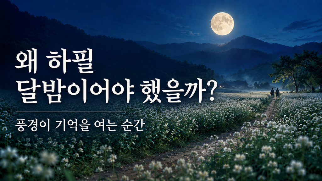 메밀꽃 필 무렵의 달밤과 하얀 메밀꽃밭을 표현한 이미지
