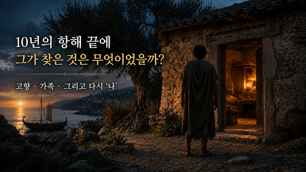 10년의 항해 끝에 이타카로 돌아온 오디세우스의 귀향을 표현한 이미지